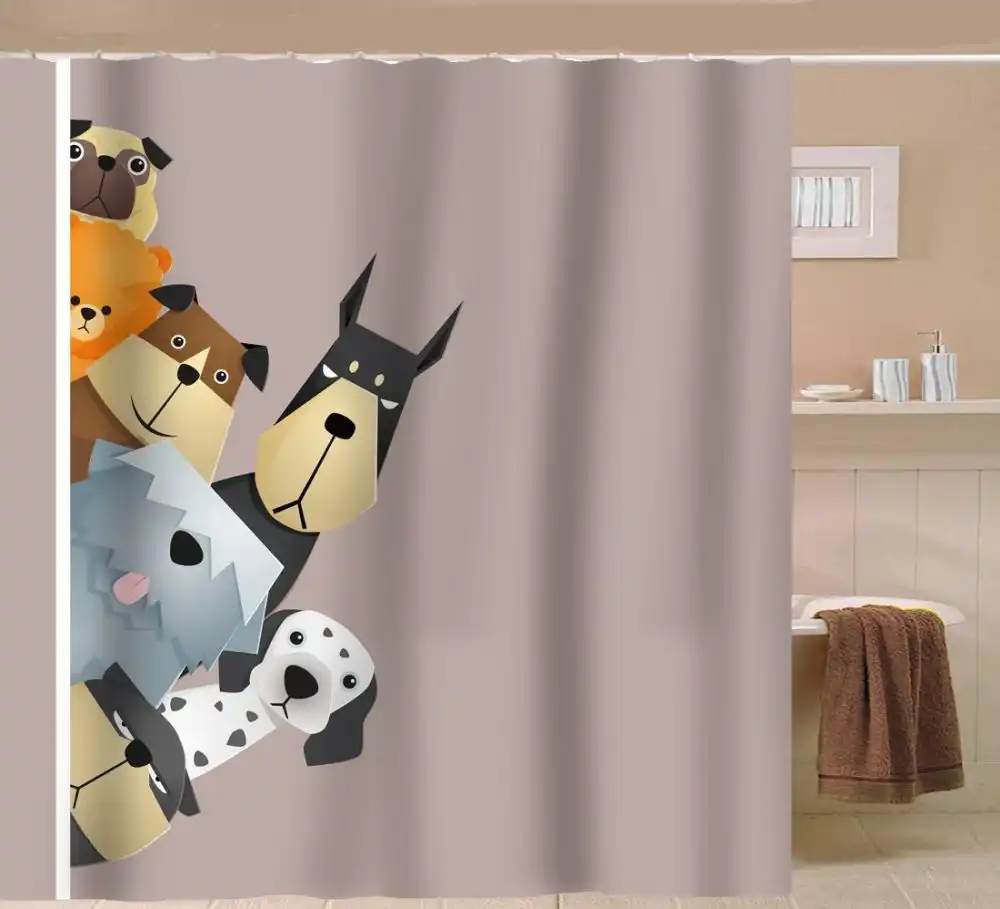 Sunlit Peekaboo Cute Dogs Curious Cartoon Puppy Fabric Shower Curtain
