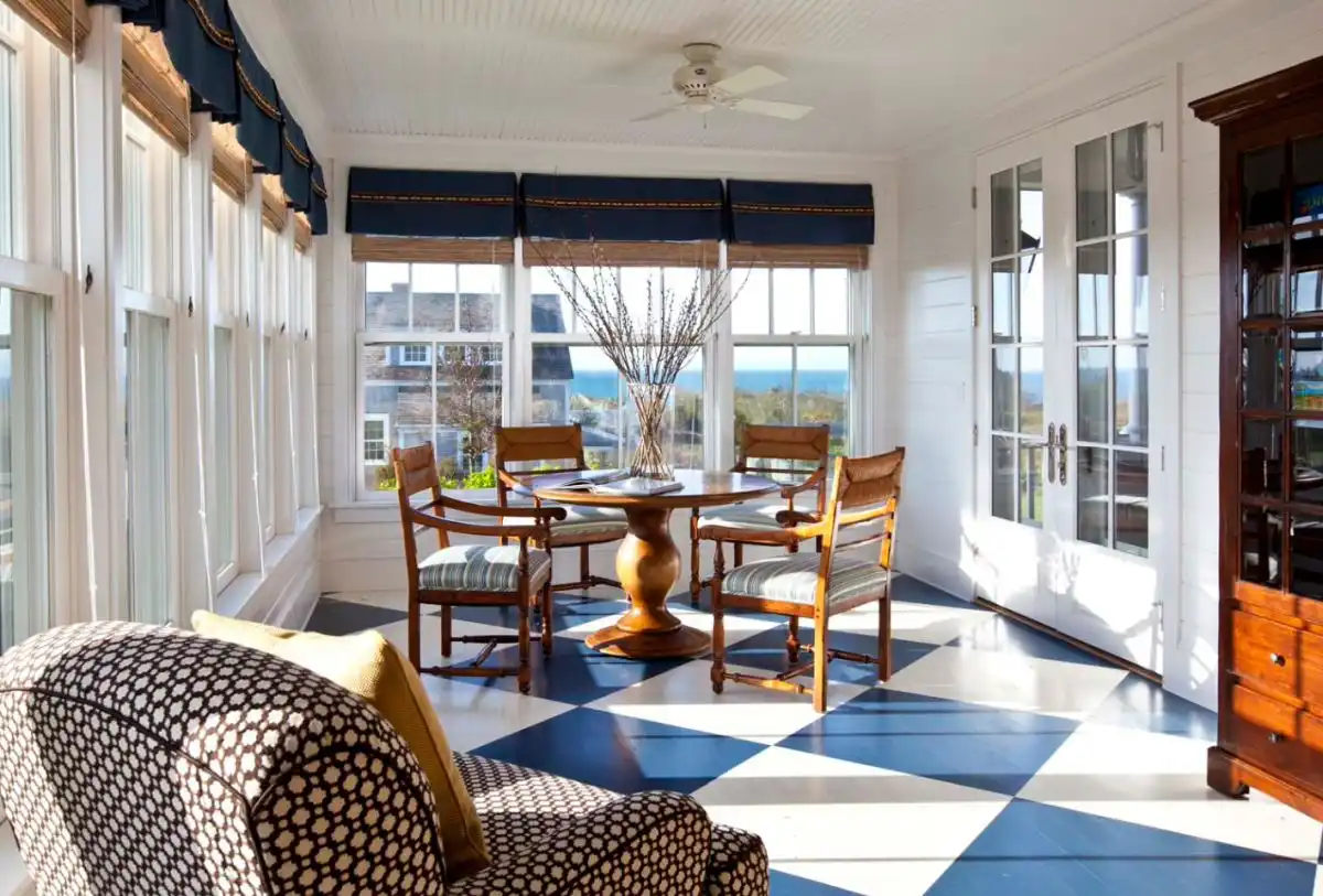 Sunroom blue and white floor painted
