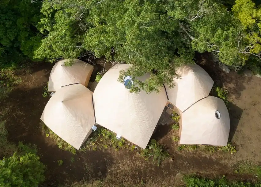 Teepee-shaped buildings aerial