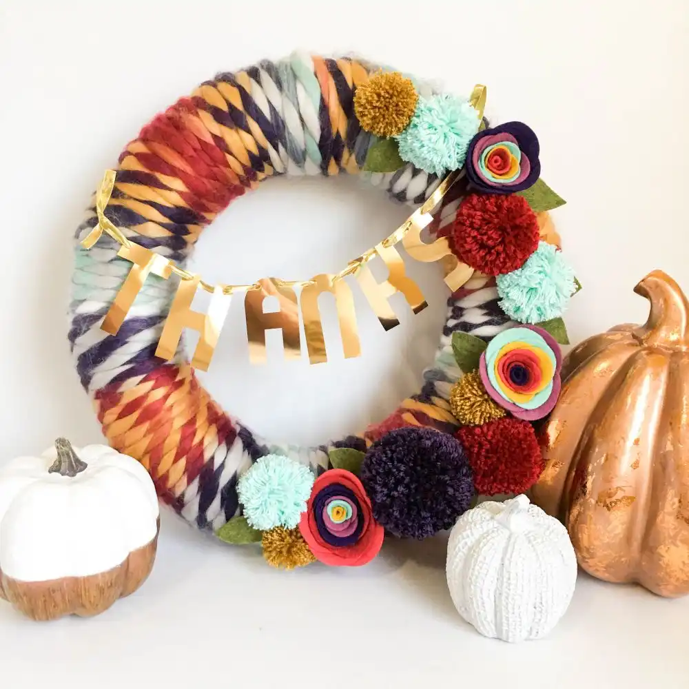 Thanks yarn colorful wreath for thanksgiving