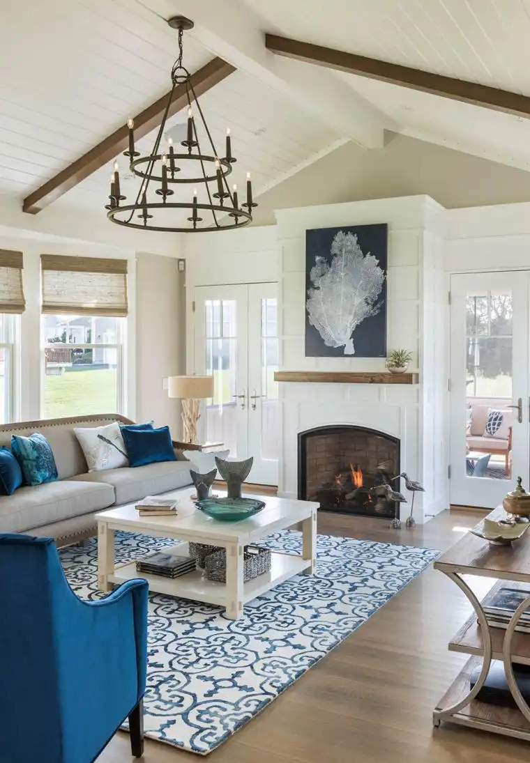 This old classic shingle-style home - living room fireplace