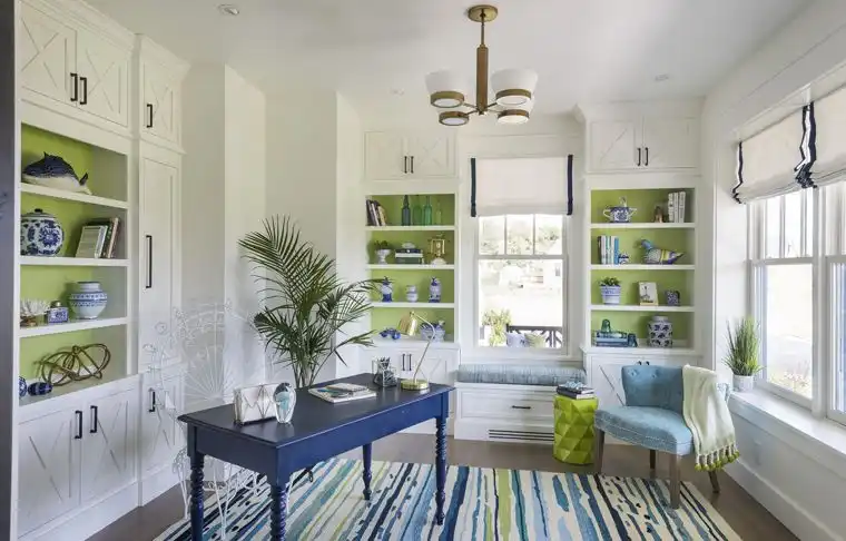This old classic shingle style home office room with green accents