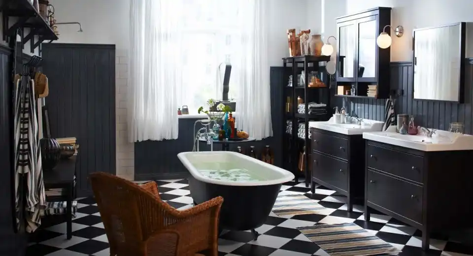 Tile the bathroom floor- black and white