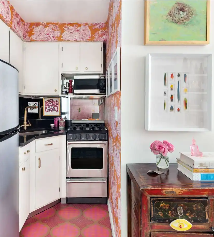 Colorful wallpaper walls and tile floor