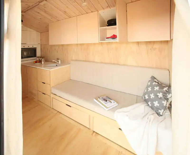 Tiny vacation home on wheels couch