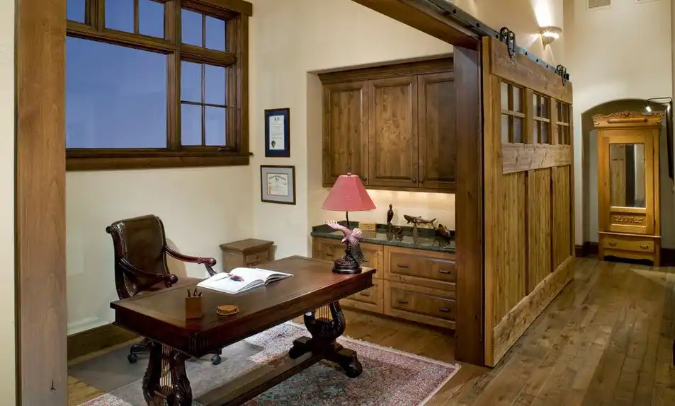 Traditional office divided by a large sliding door