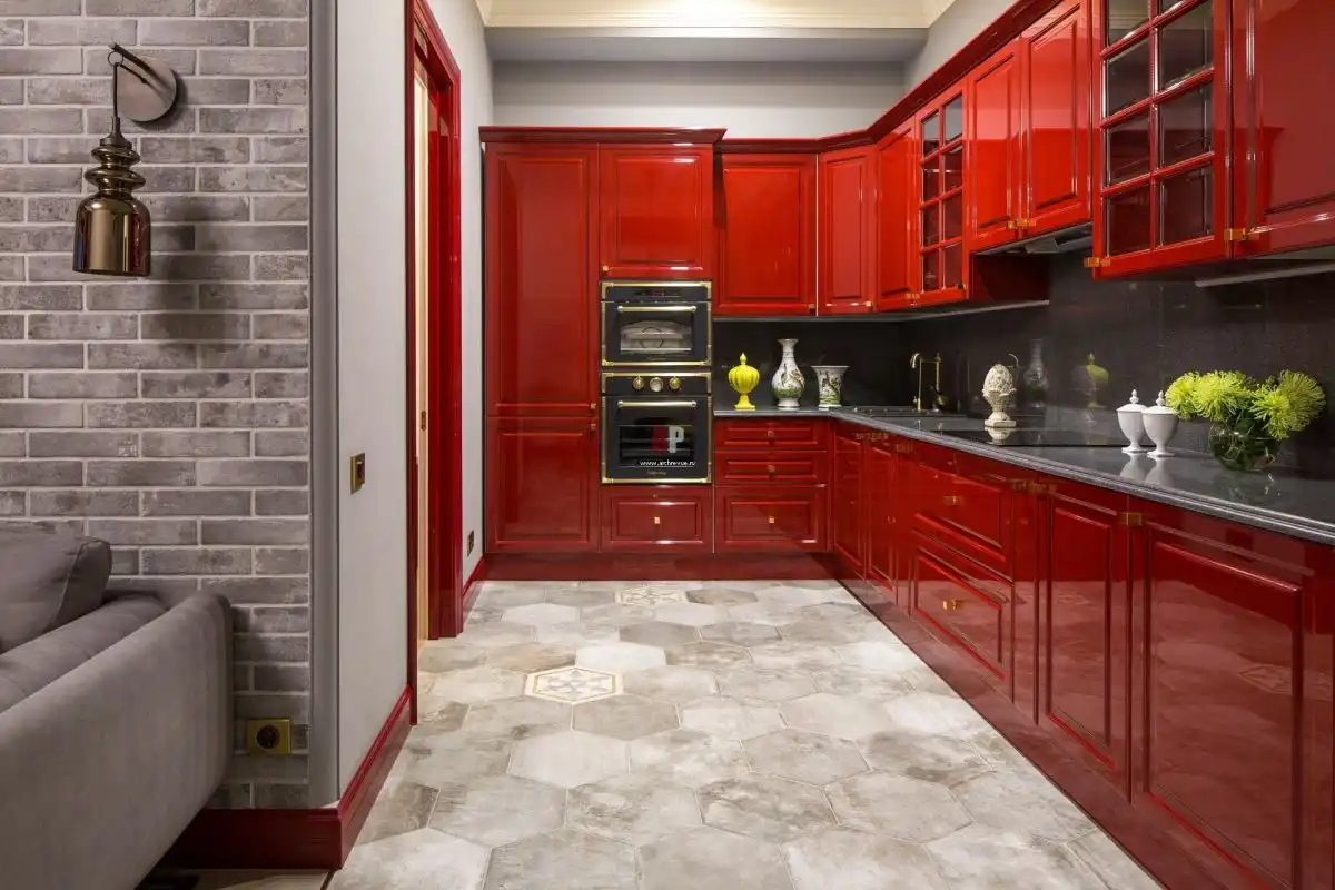 Traditional red kitchen with a l shaped layout