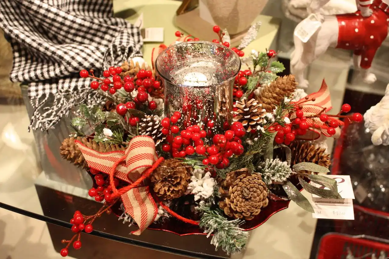 Casual ribbon helps keep a holiday arrangement from being too glitzy.