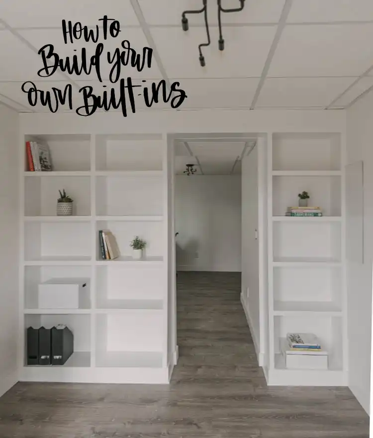 Transform Your Basement Into an Office with diy built in shelves