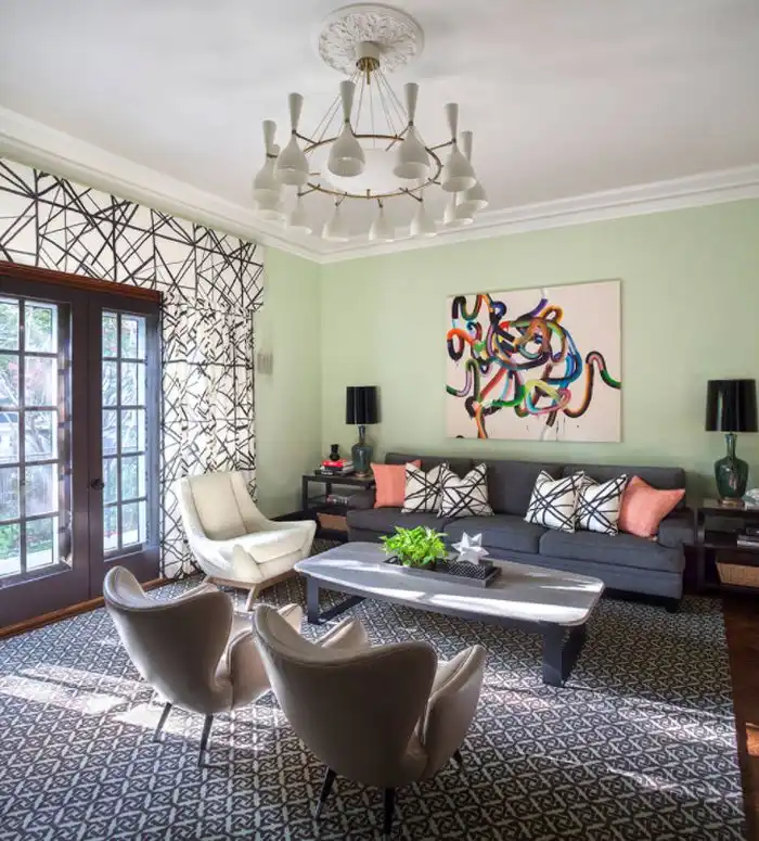 Transitional Living Room in New York - Mint green painted walls