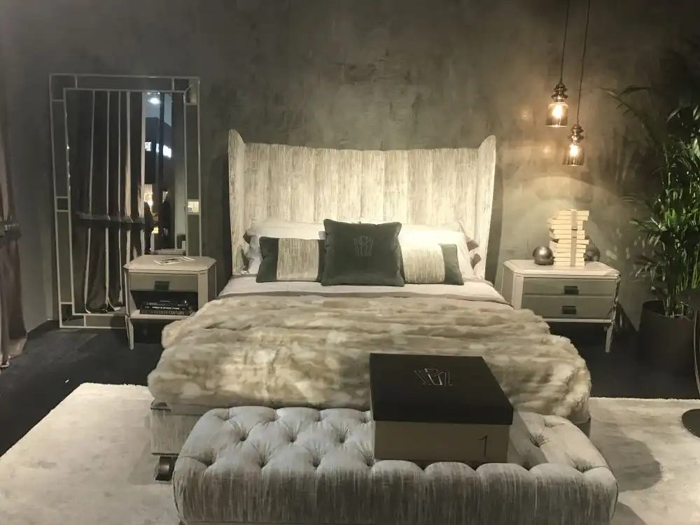 Tufted bedroom bench and king gray headboard