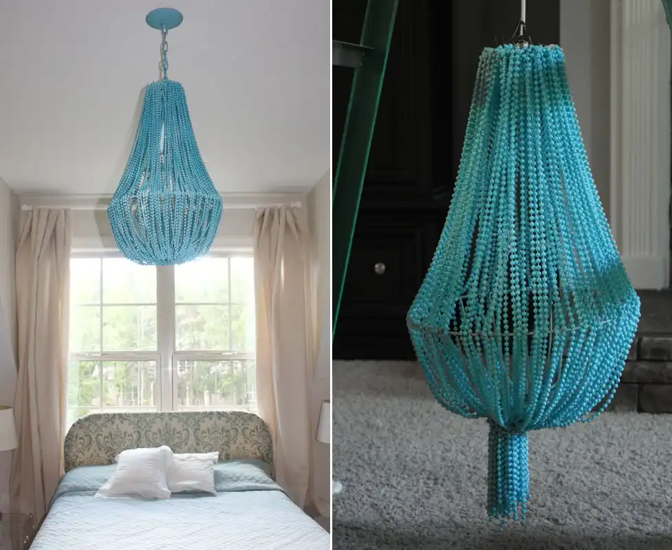 Turquoise beaded chandelier above the bed
