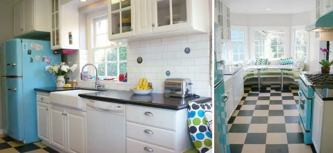 Turquouise fridge and black countertop for mid century kitchen