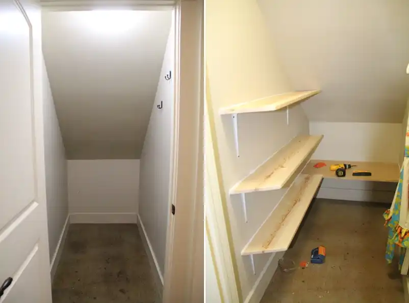 Understairs closet shelves