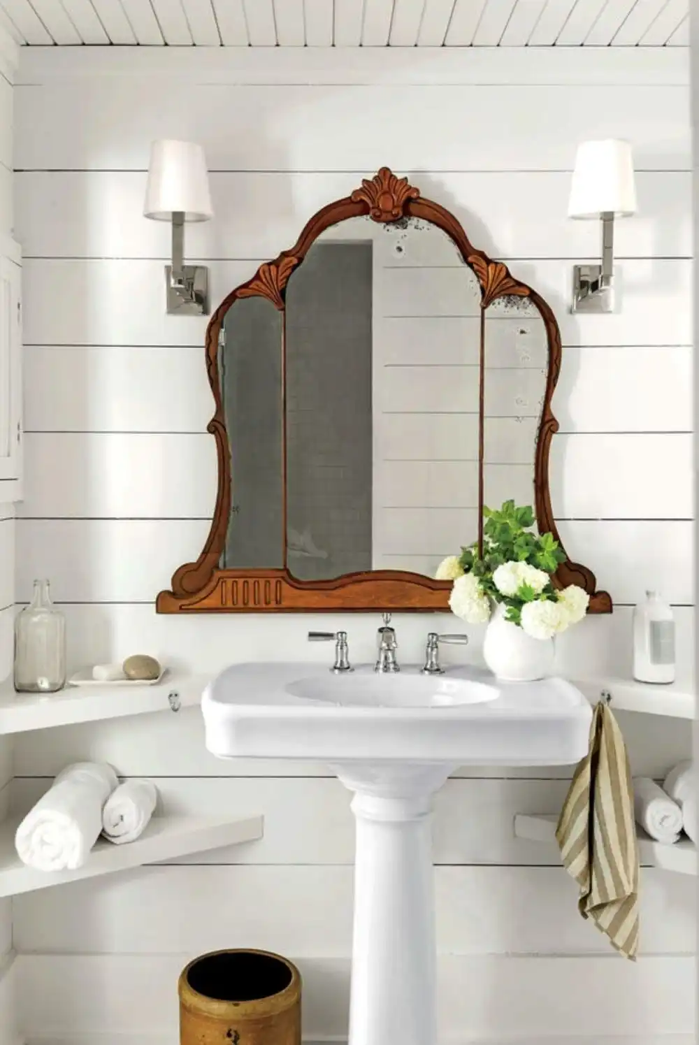 mirror shelf Luxury shiplap bathroom wood ceiling antique mirror