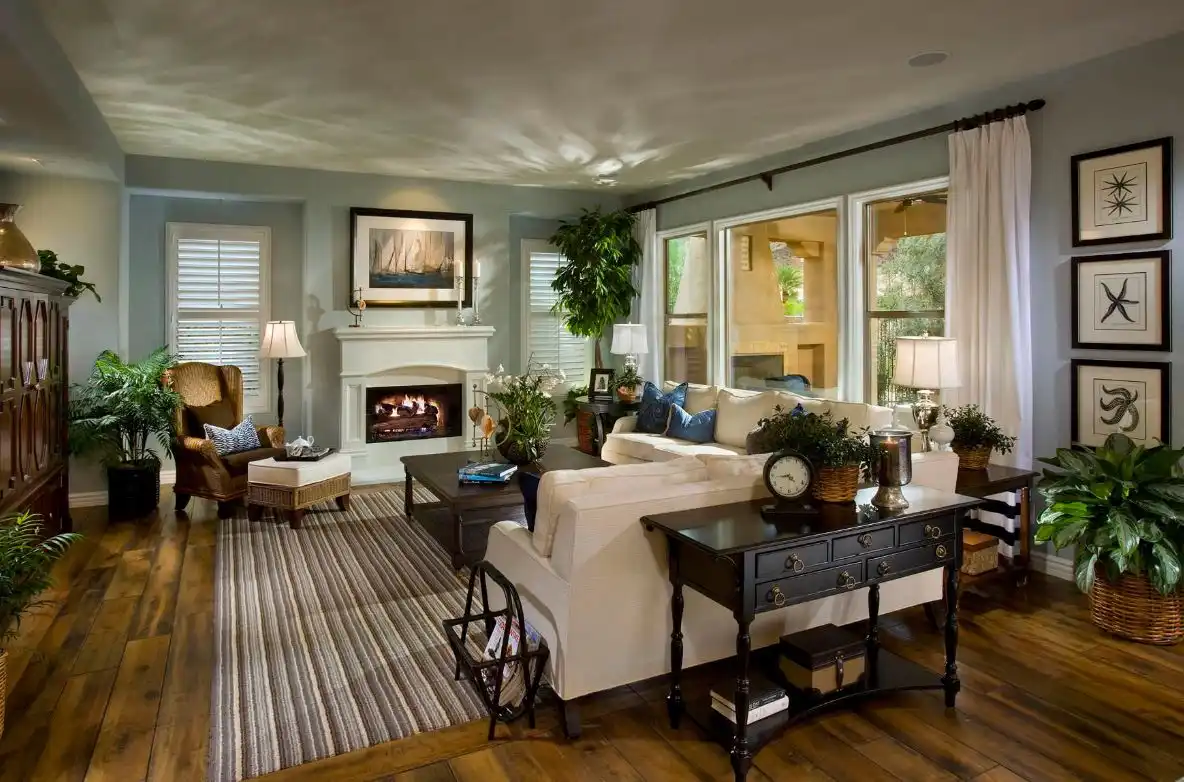 Vintage fireplace living room and side table behind sofa