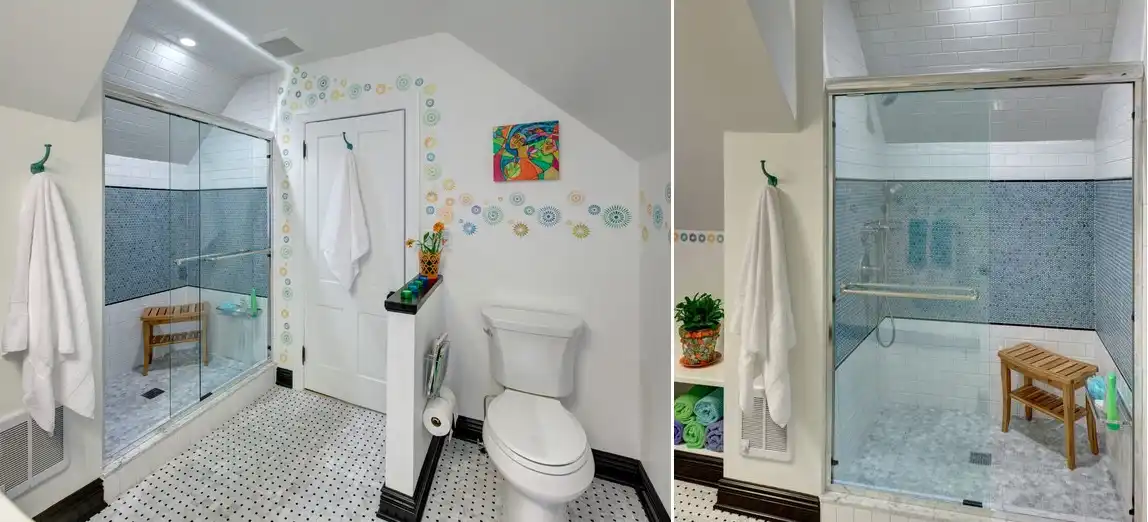Walk in shower with a timeless appeal and penny tiles