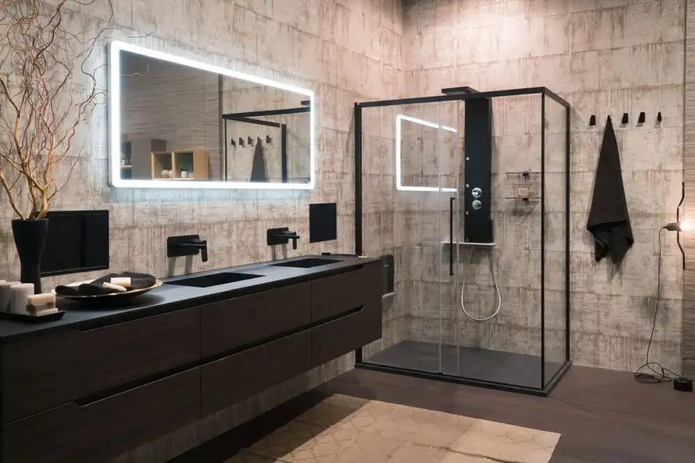 Walk in shower with black frame
