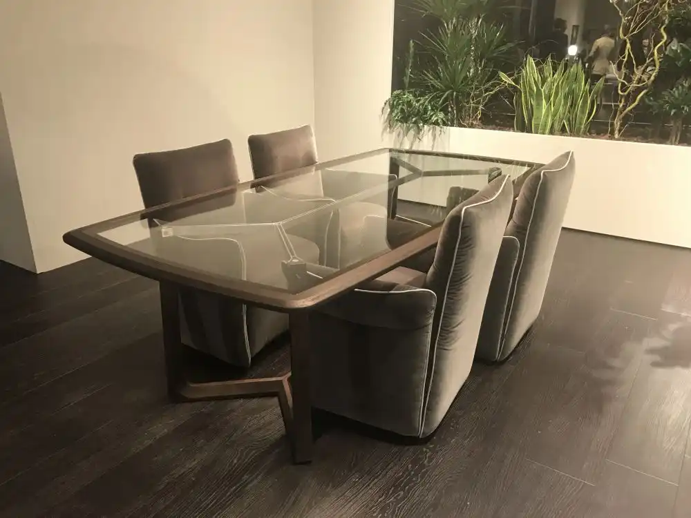 Walnut frame glass top dining table rectangular shape