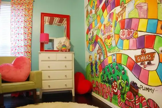 Whimsical room with blue paint wall