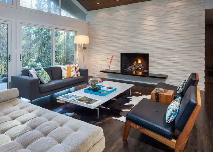 White 3D wall design with fireplace