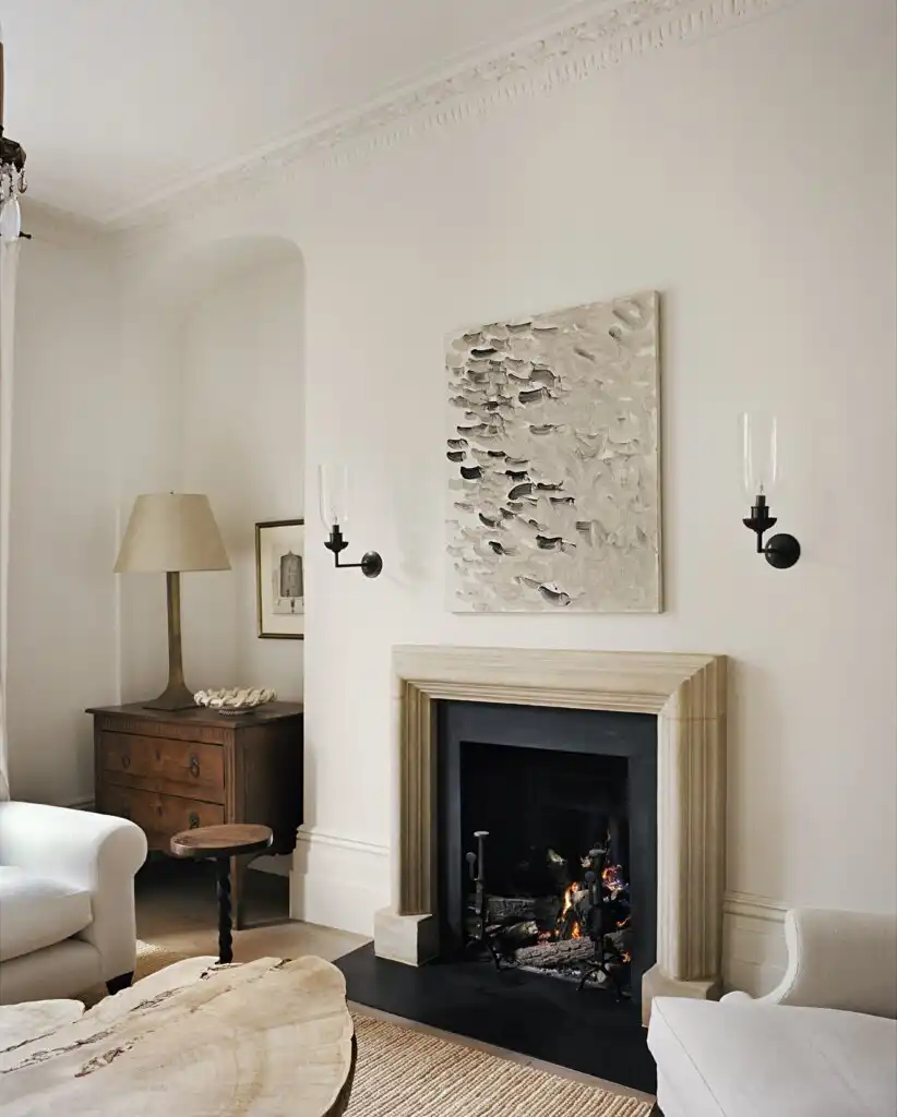 White Room with a wooden table and heated fireplace