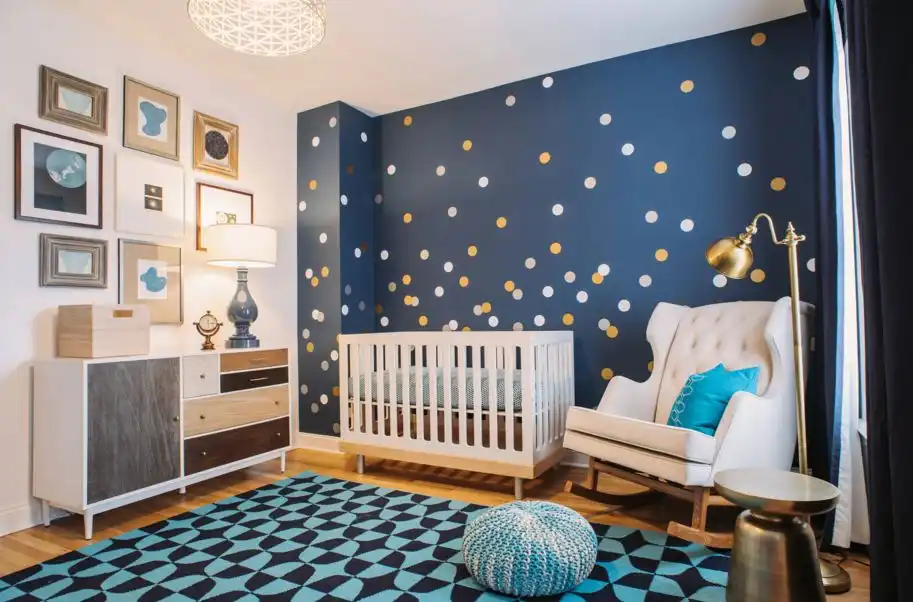 White and gold polka dots for blue nursery room