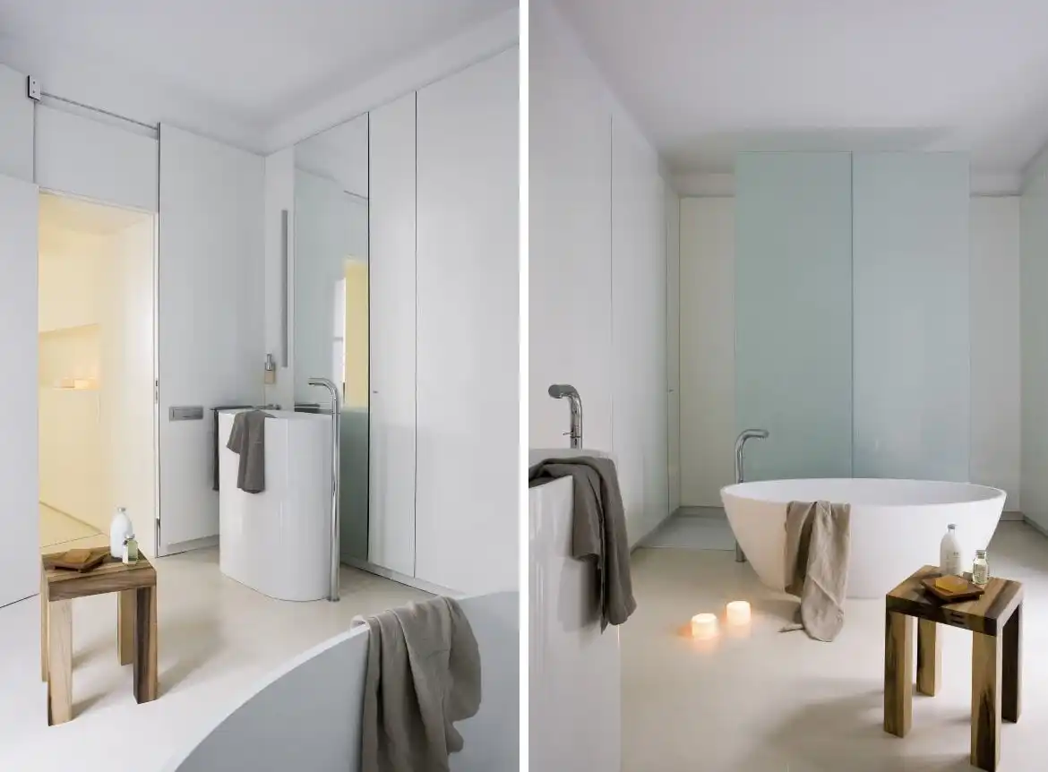 White bathroom design with freestanding tub