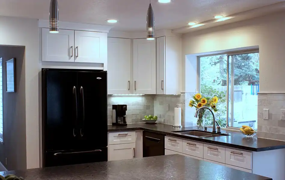 white cabinets black appliances