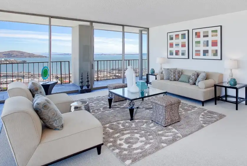 White living room with a serene view