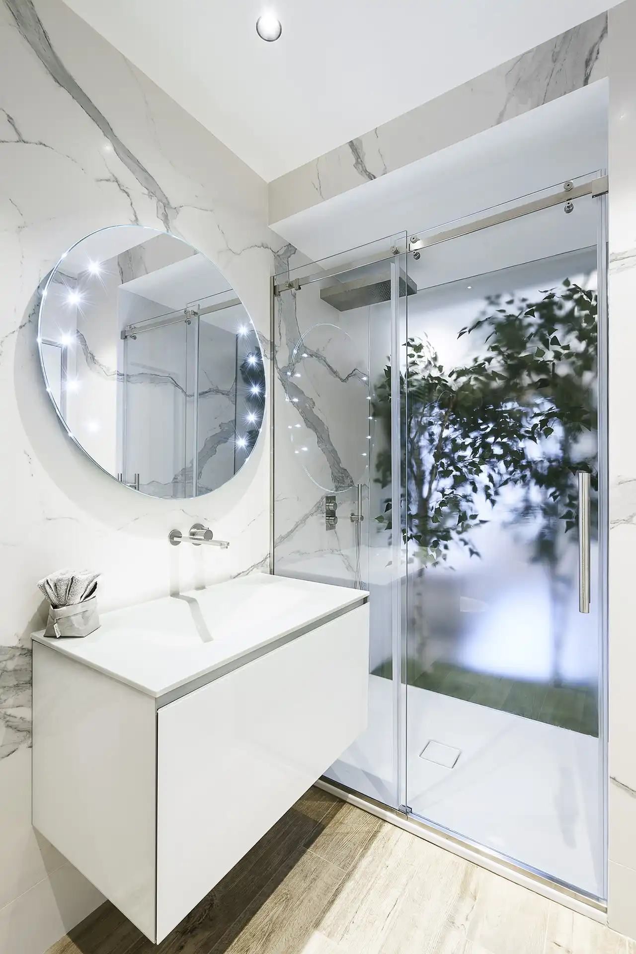 The entryway trees make the shower like a jungle.