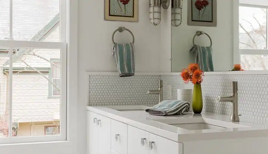 White penny tiles for bathroom backsplash