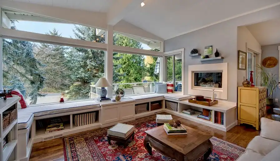 Window seating bench with storage for books