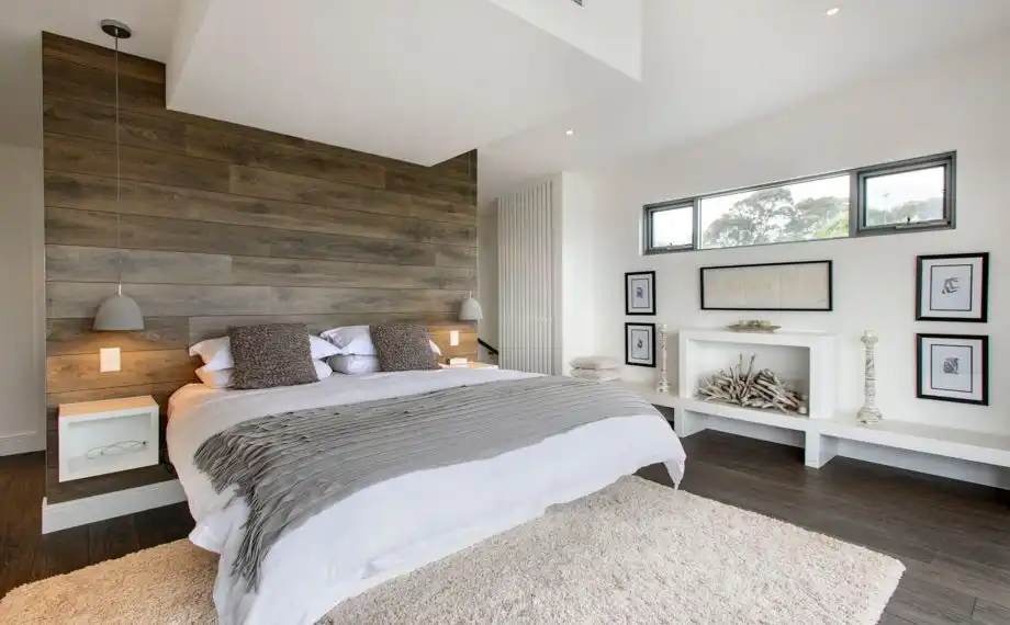 Wood paneling bedroom design and white accents