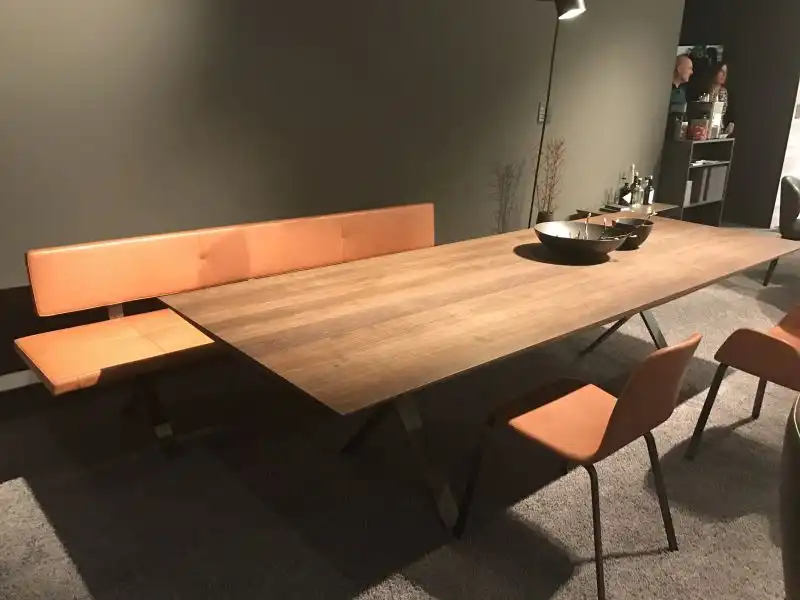 Wood rectangular table with chrome base and brown leather bench
