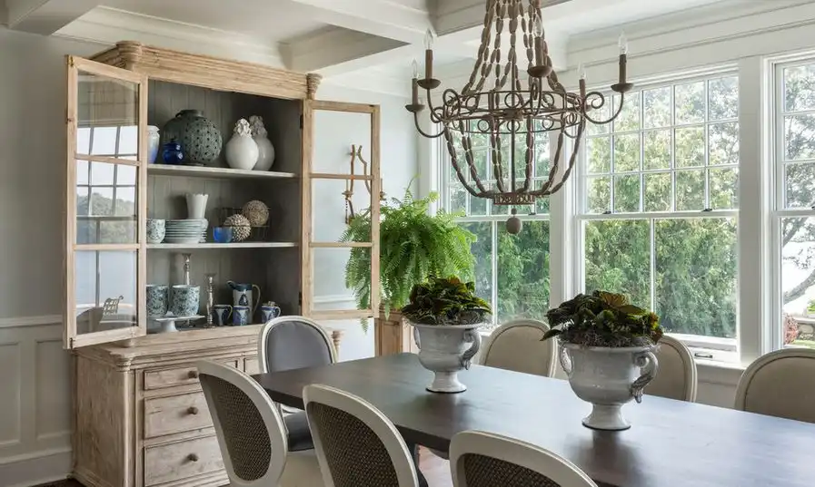 Wooden beaded chandelier over the dining table