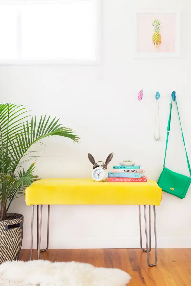 Yellow velvet bench with hairpin legs