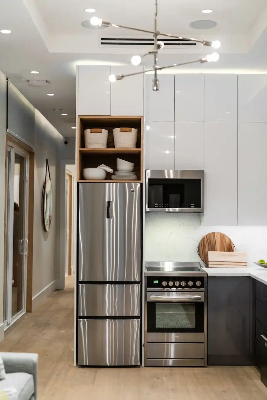 The modern design foregoes handles and hardware, making it sleek yet homey.