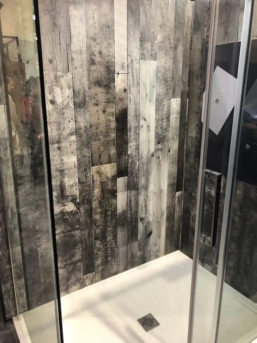 Tile innovations make a rustic shower surround possible.