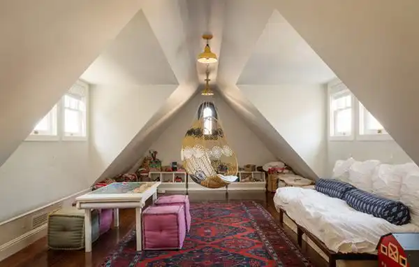Attic playroom with a hanging chair