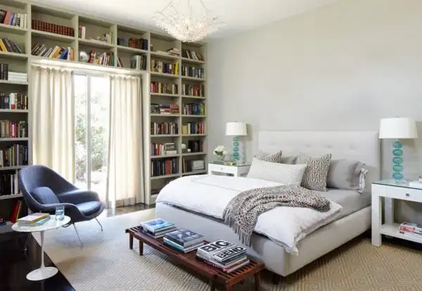 Bedroom home library books around window