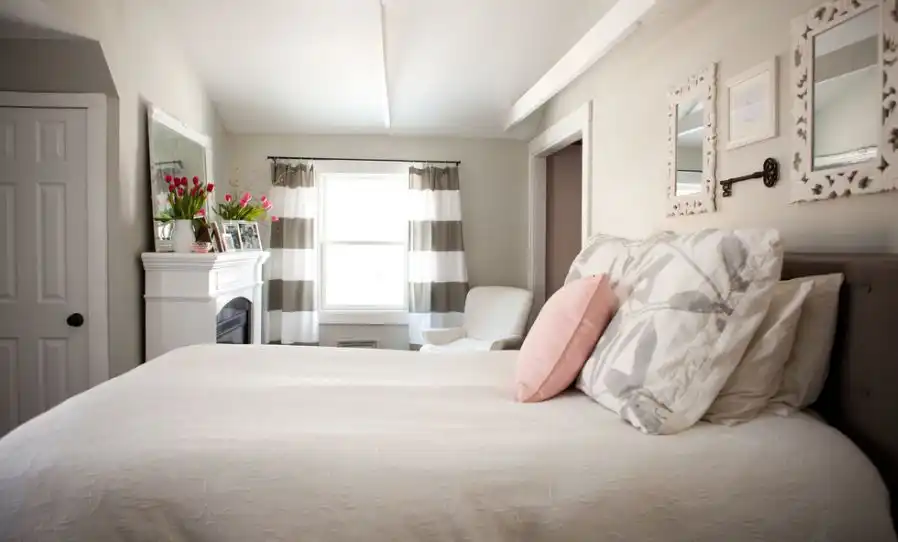 Bedroom neutral colors striped curtains