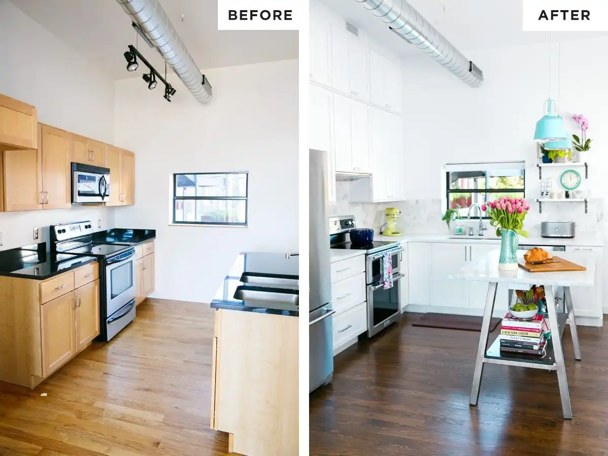Before and after kitchen decor with large vent exposed