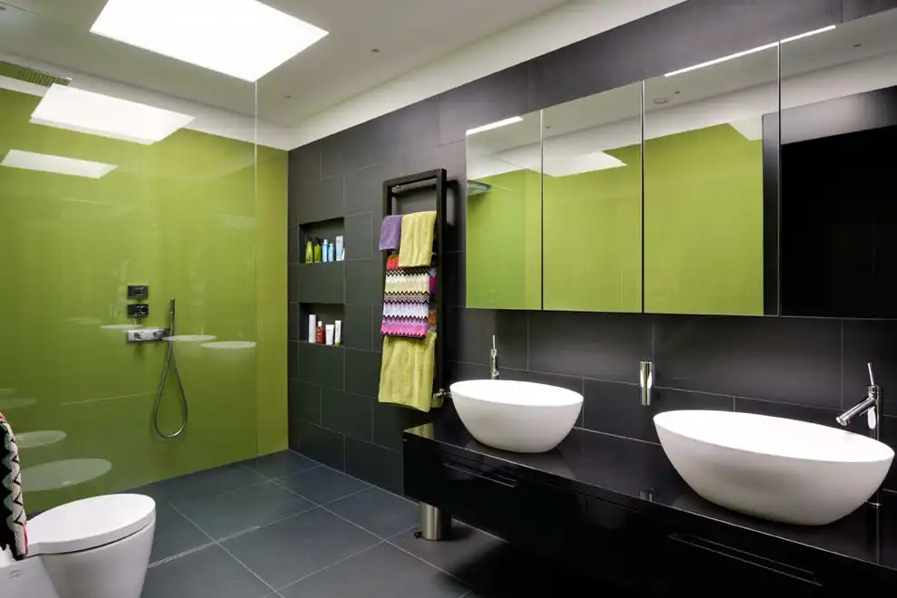 lime and black tiles + cabinets