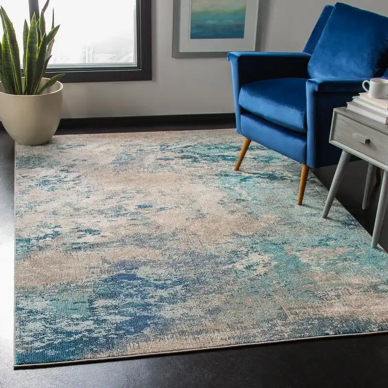 Blue and white area rug in living room