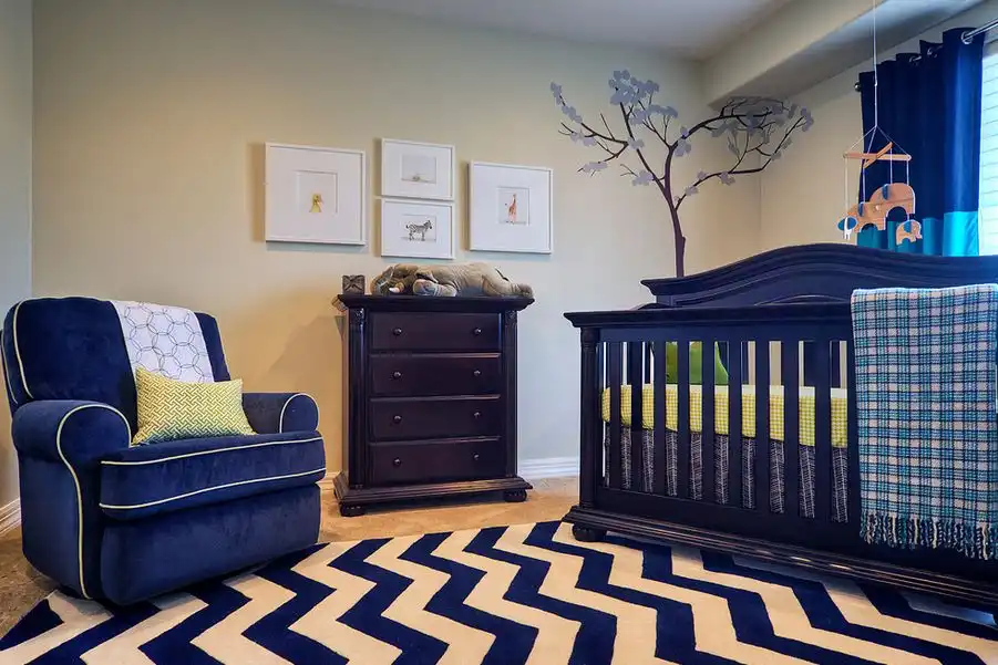 Blue nursery room chevron rug cold color