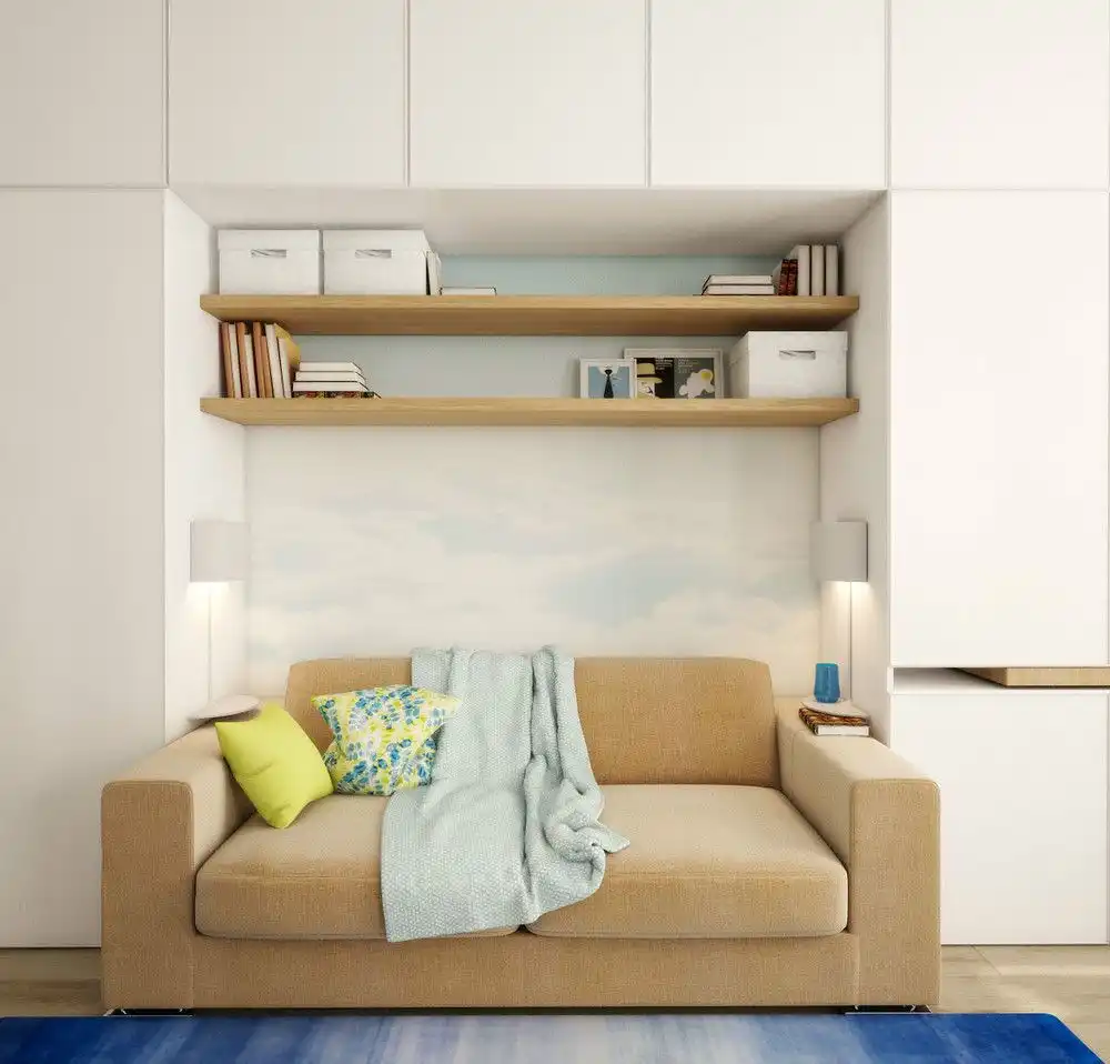 Built in furniture around sofa
