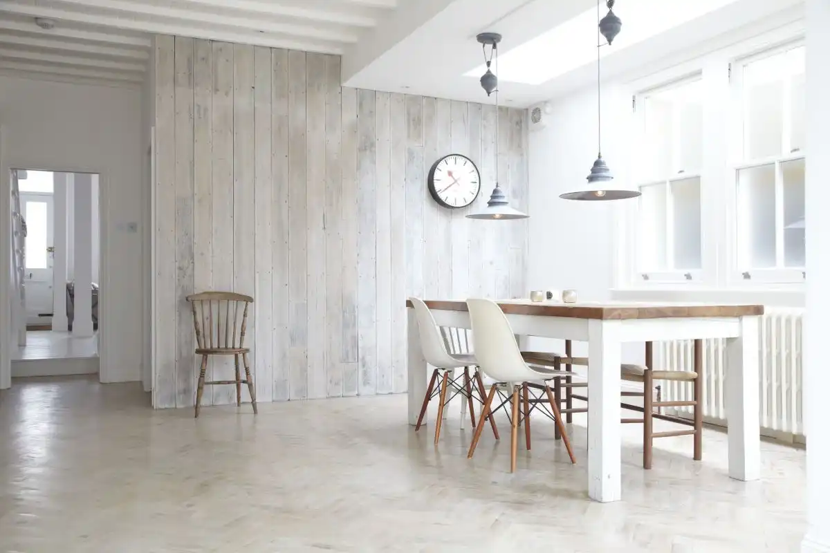 White chevron wood floors