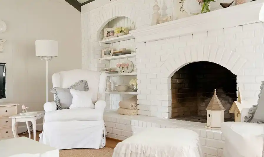 Chic white fireplace design painted bricks