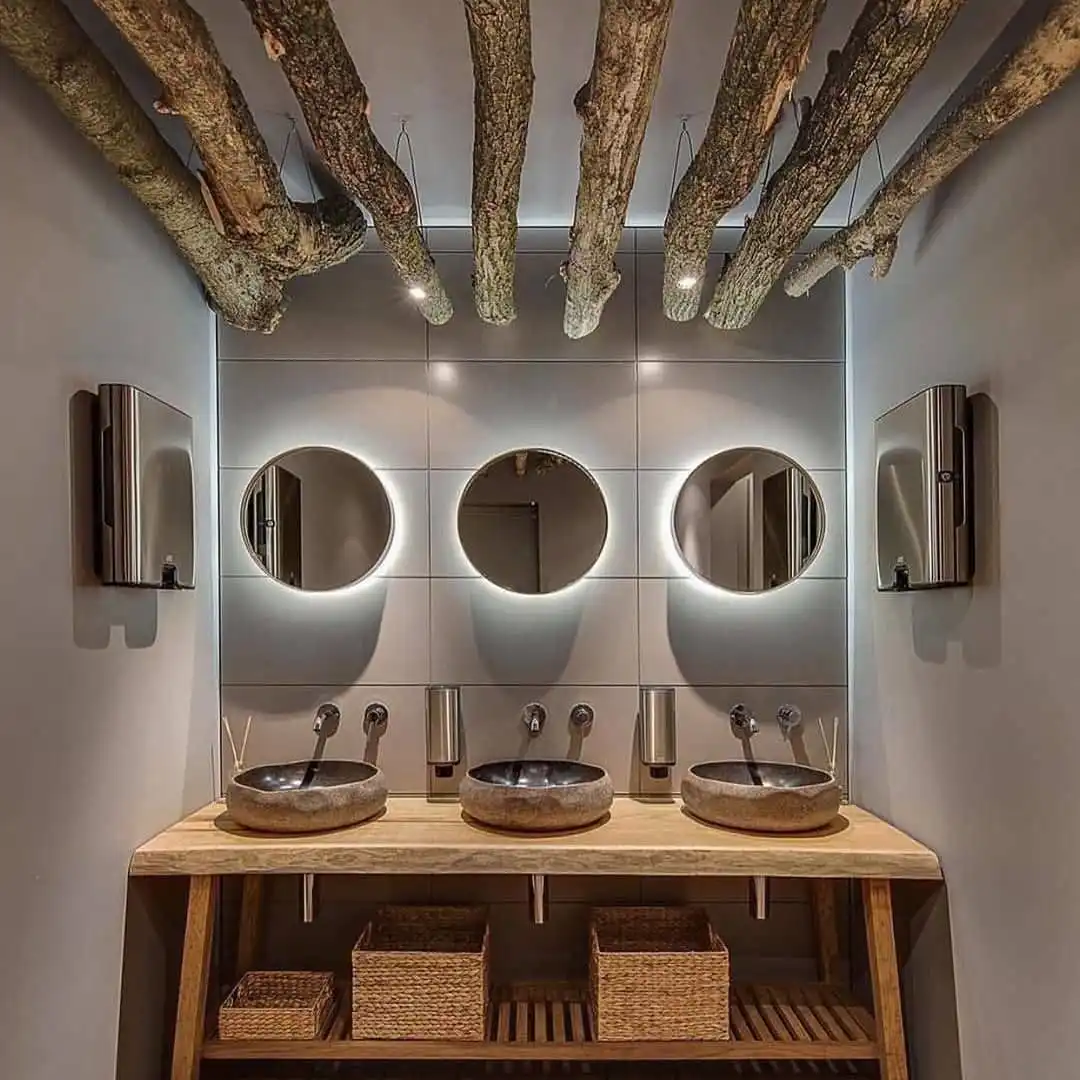 Combine rustic with modern for bathroom